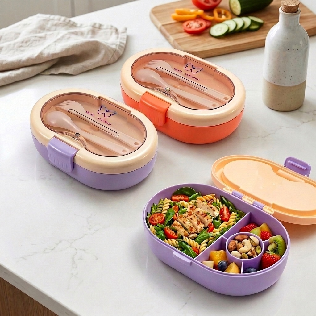 Meal Prep Or Prep Meal - Plastik-Bento-Lunchbox mit Fächern, Besteck, Saucenbehälter, geteilter